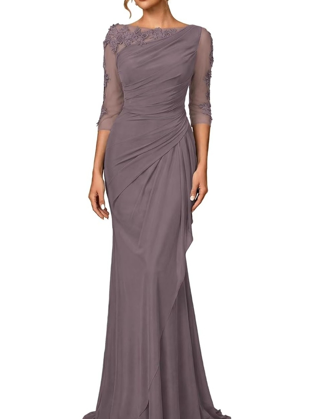 Elegant Mauve Evening Gown with Sheer Sleeves